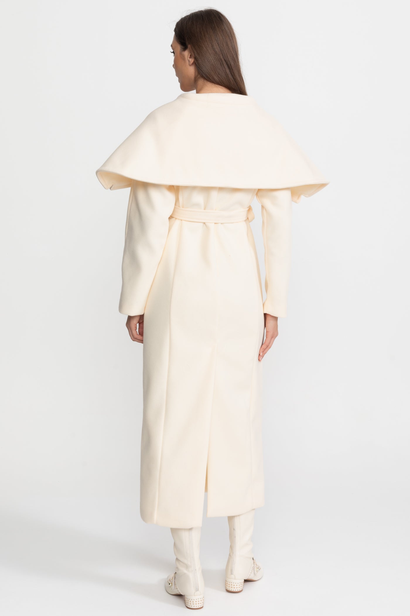 Women's Long Wool Blend Coat | Cape Collar, Belted Waist | Ivoire Longline Winter Coat | Steven & Levon