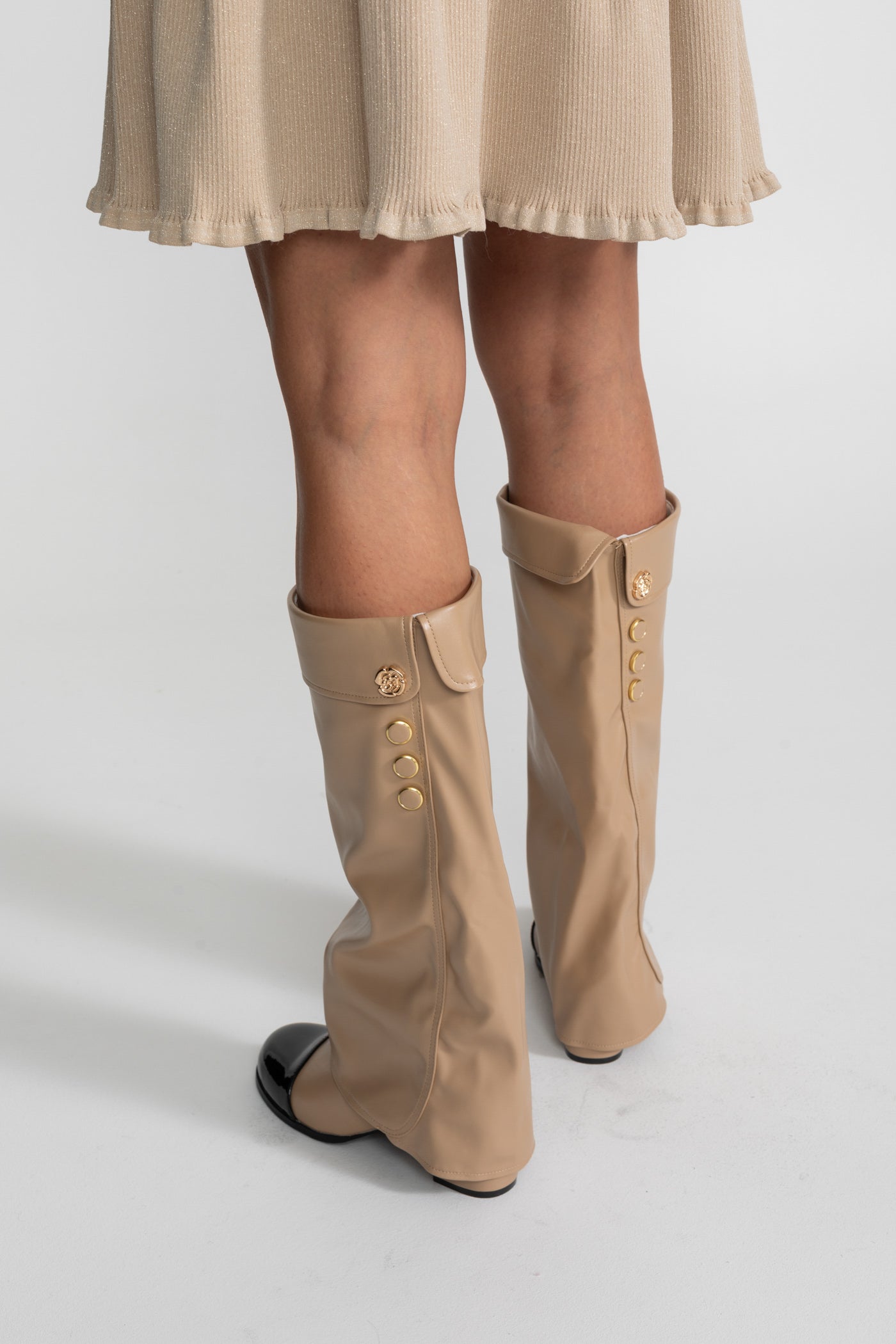 Women's Knee High Boots | Women | Patent Cap Toe | Beige & Black | Steven & Levon