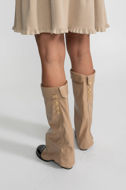 Women's Knee High Boots | Women | Patent Cap Toe | Beige & Black | Steven & Levon