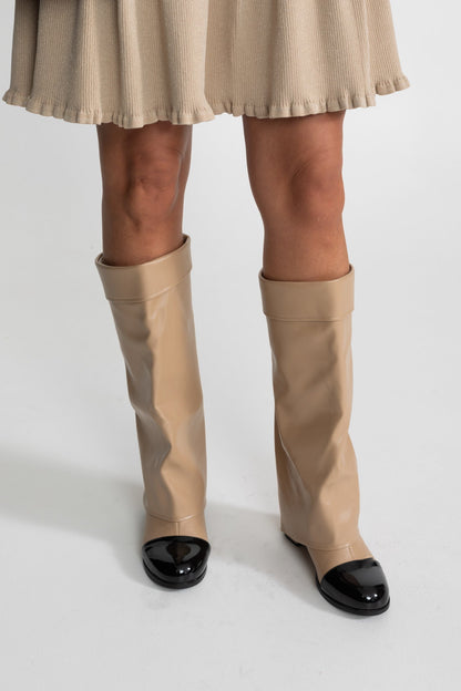 Women's Knee High Boots | Women | Patent Cap Toe | Beige & Black | Steven & Levon