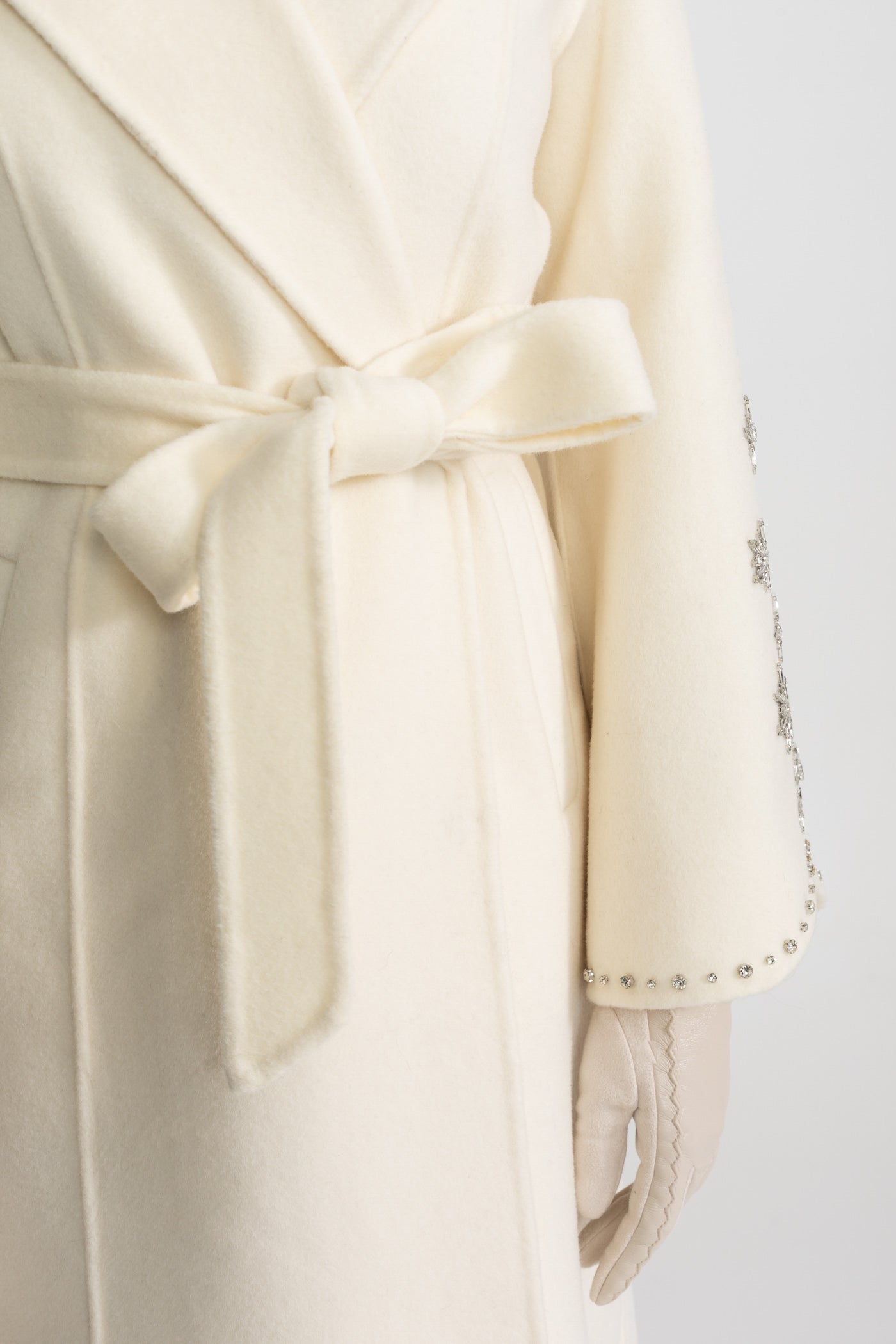 Women's Wool & Cashmere Overcoat | Fox Fur Collar | Crystal Embellished Sleeves, Belted Wrap Coat | Steven & Levon