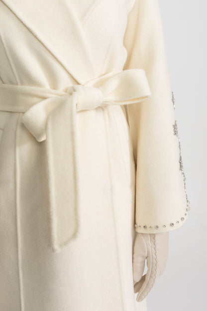 Women's Wool & Cashmere Overcoat | Fox Fur Collar | Crystal Embellished Sleeves, Belted Wrap Coat | Steven & Levon
