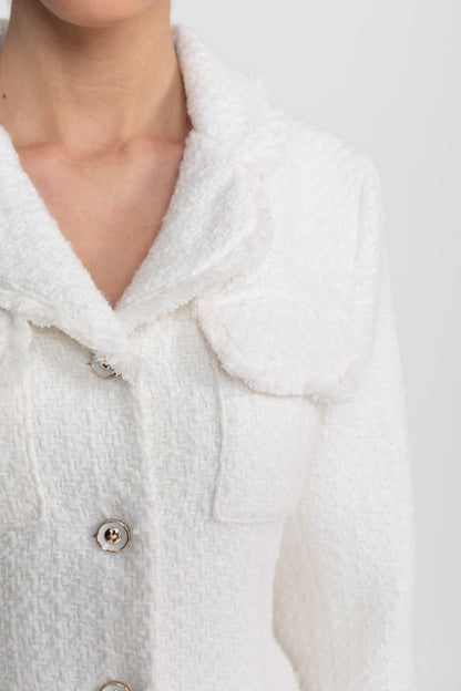 Women's Bouclé Midi Coat | Textured Bouclé | Notched Collar, Button-Through Front, White Outerwear | Steven & Levon