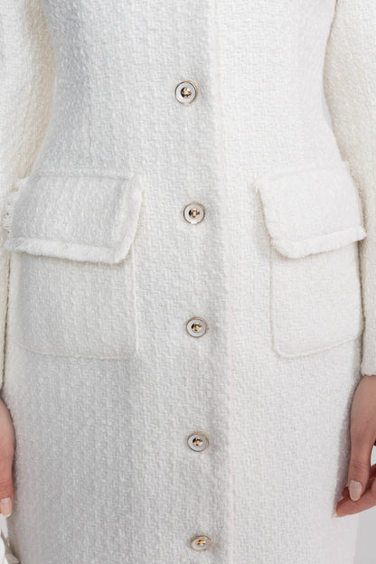 Women's Bouclé Midi Coat | Textured Bouclé | Notched Collar, Button-Through Front, White Outerwear | Steven & Levon
