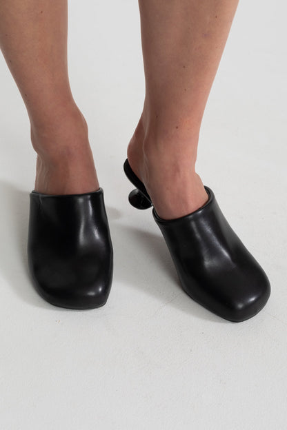 Sculptural Heel Mules | Women | Rounded Square Toe | Black | Modern Slip-On Shoes | Steven & Levon