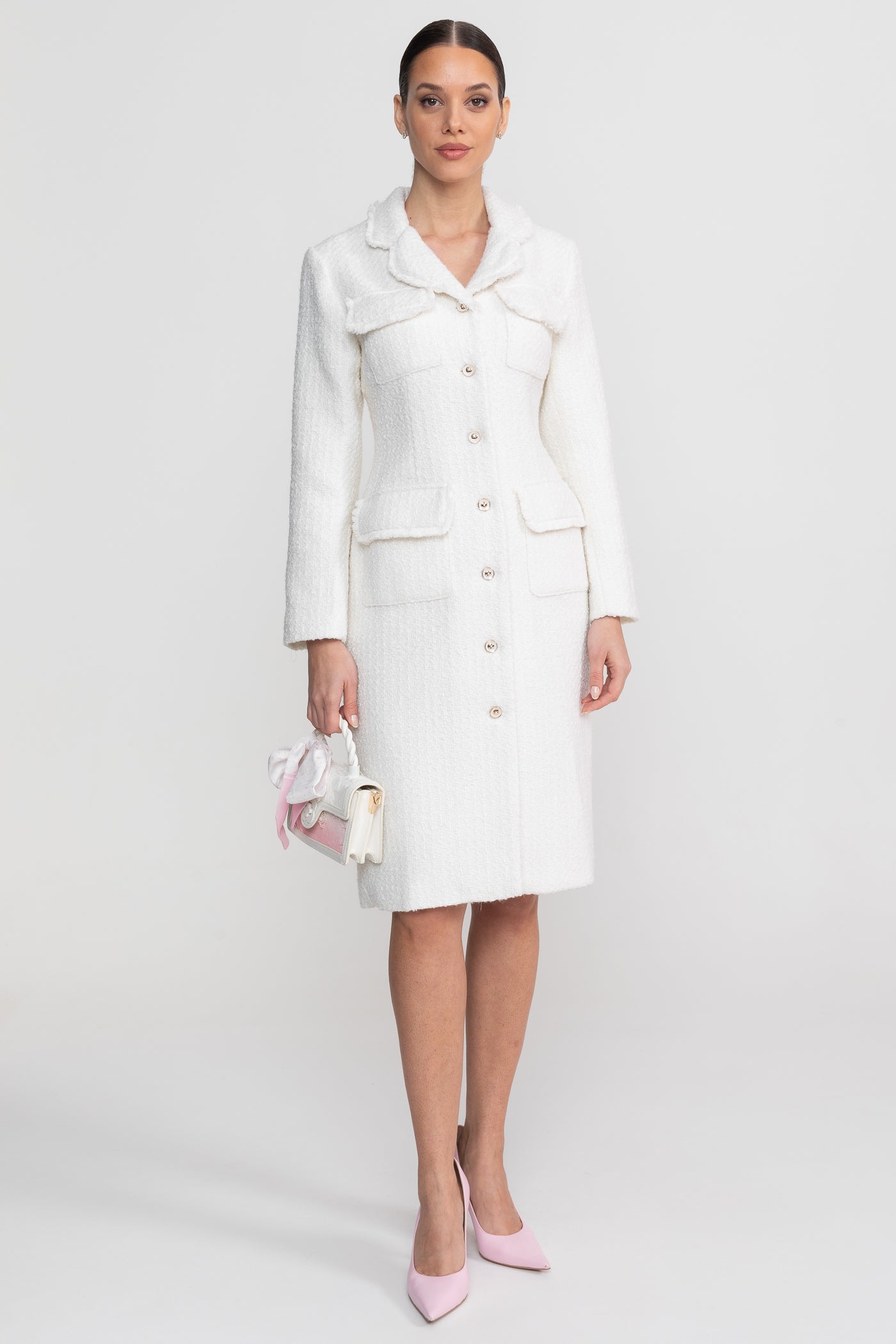 Women's Bouclé Midi Coat | Textured Bouclé | Notched Collar, Button-Through Front, White Outerwear | Steven & Levon