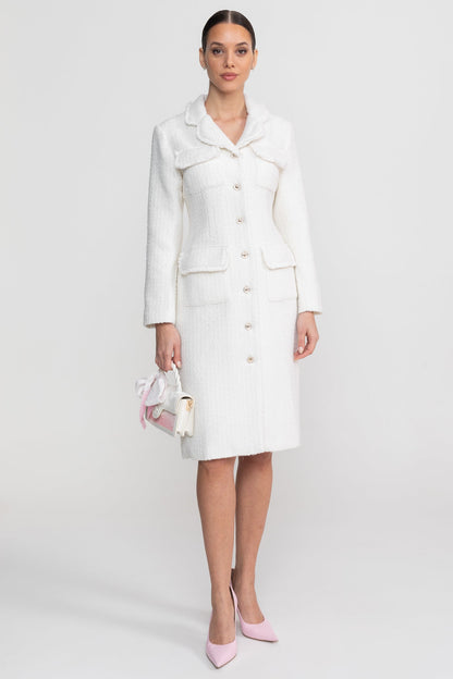 Women's Bouclé Midi Coat | Textured Bouclé | Notched Collar, Button-Through Front, White Outerwear | Steven & Levon