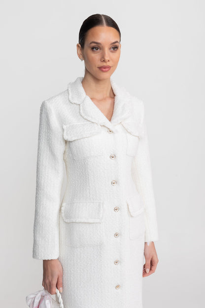 Women's Bouclé Midi Coat | Textured Bouclé | Notched Collar, Button-Through Front, White Outerwear | Steven & Levon