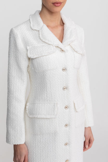 Women's Bouclé Midi Coat | Textured Bouclé | Notched Collar, Button-Through Front, White Outerwear | Steven & Levon