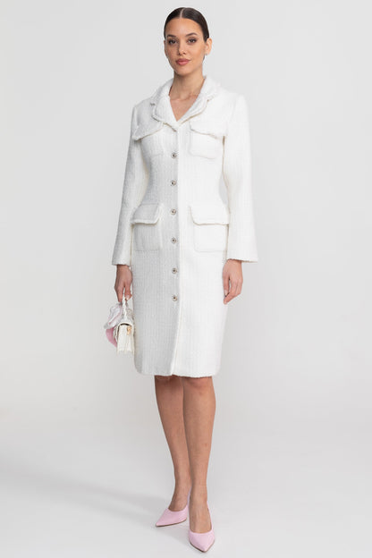Women's Bouclé Midi Coat | Textured Bouclé | Notched Collar, Button-Through Front, White Outerwear | Steven & Levon