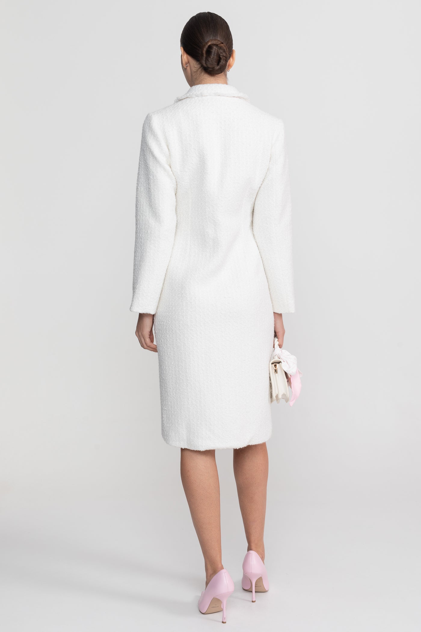 Women's Bouclé Midi Coat | Textured Bouclé | Notched Collar, Button-Through Front, White Outerwear | Steven & Levon