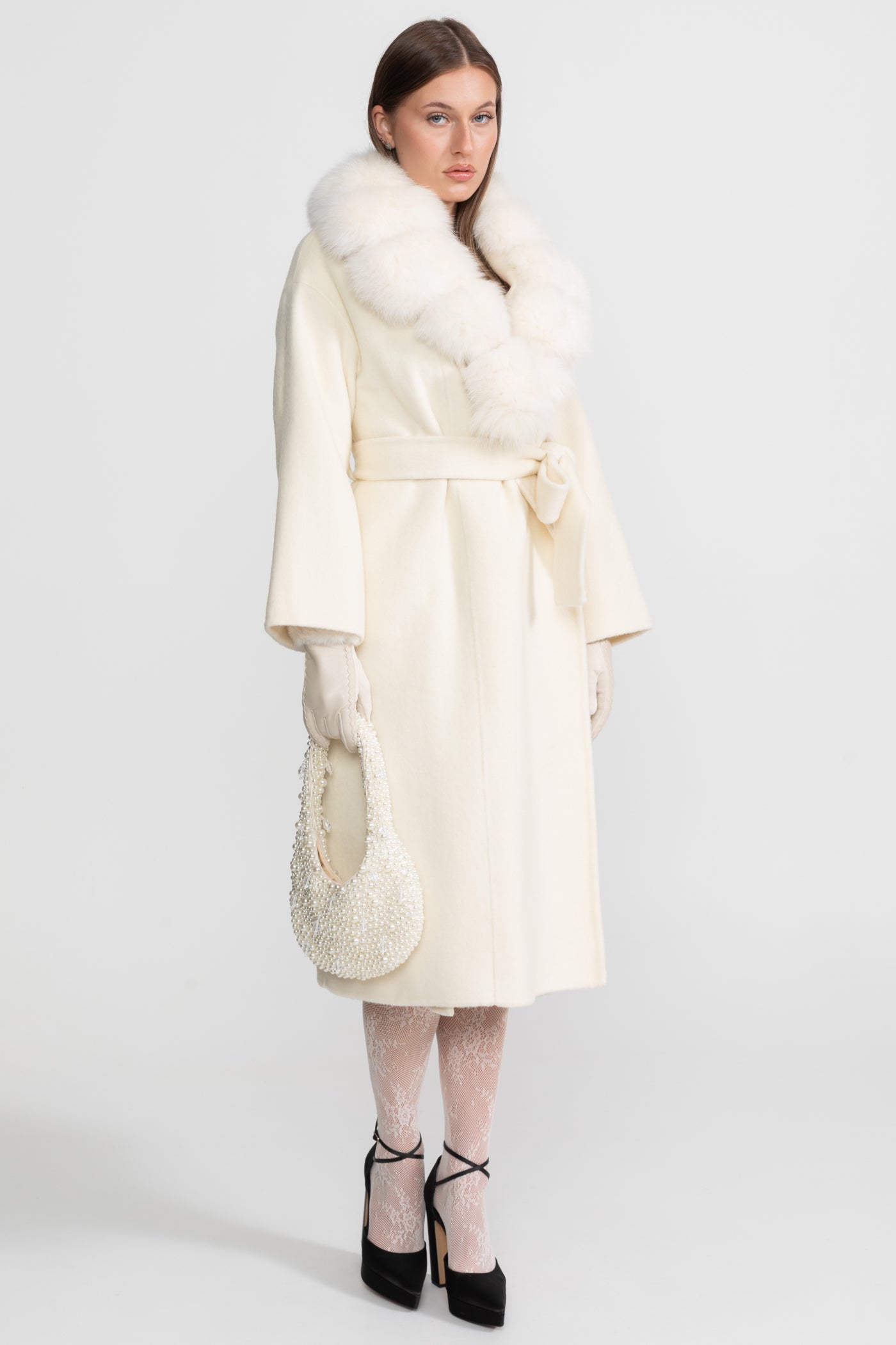 Women's Wool Wrap Coat | Fox Fur Collar | Tie Belt | Ivory Winter Coat | Steven & Levon
