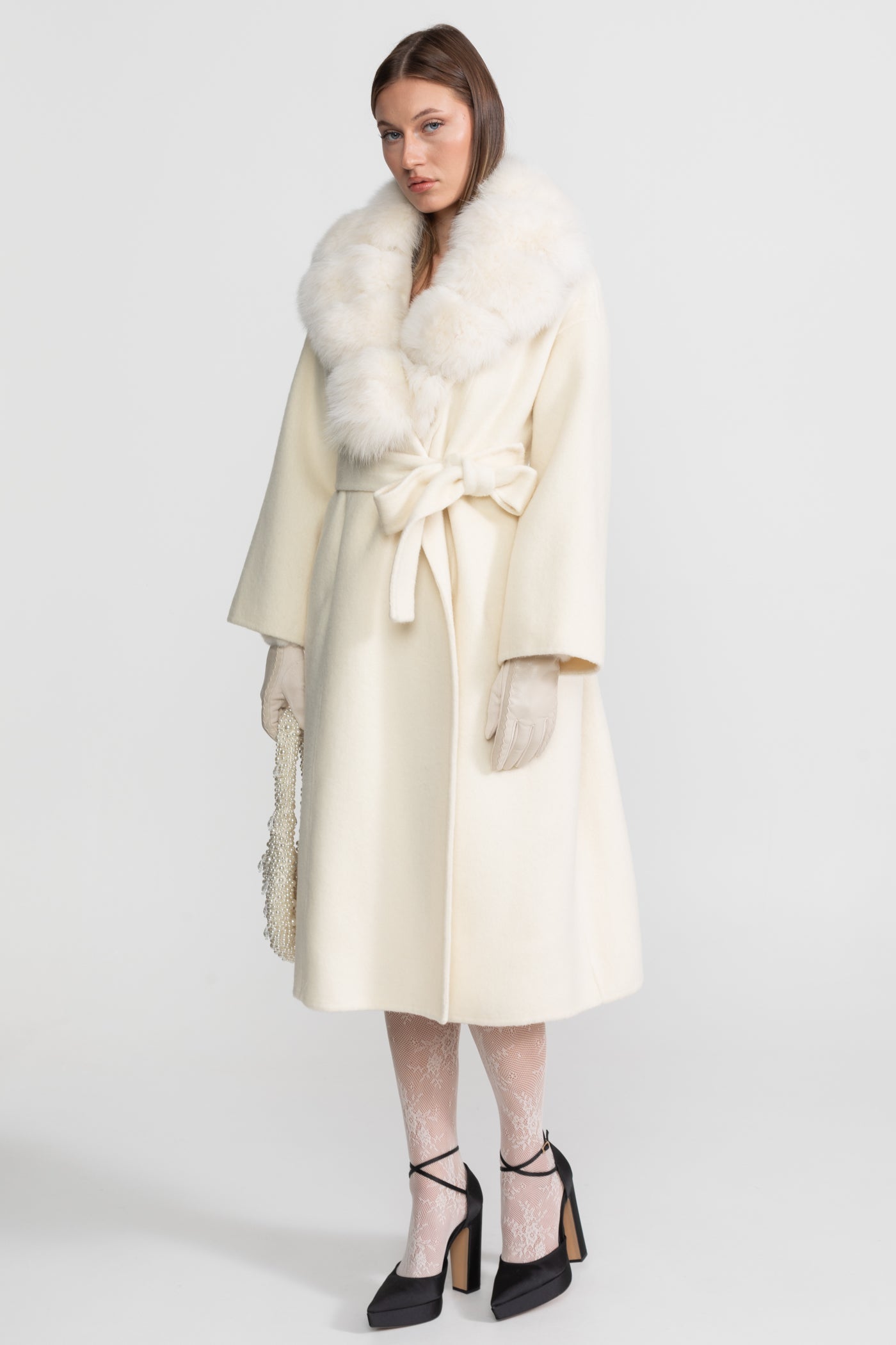 Women's Wool Wrap Coat | Fox Fur Collar | Tie Belt | Ivory Winter Coat | Steven & Levon
