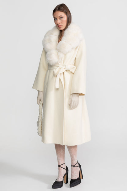 Women's Wool Wrap Coat | Fox Fur Collar | Tie Belt | Ivory Winter Coat | Steven & Levon