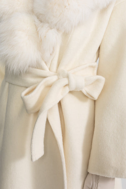 Women's Wool Wrap Coat | Fox Fur Collar | Tie Belt | Ivory Winter Coat | Steven & Levon