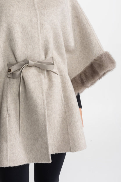 Wool Blend Cape Coat | Women's Cape Coat | Fur Trim, Light Grey Elegant Winter Outerwear | Steven & Levon