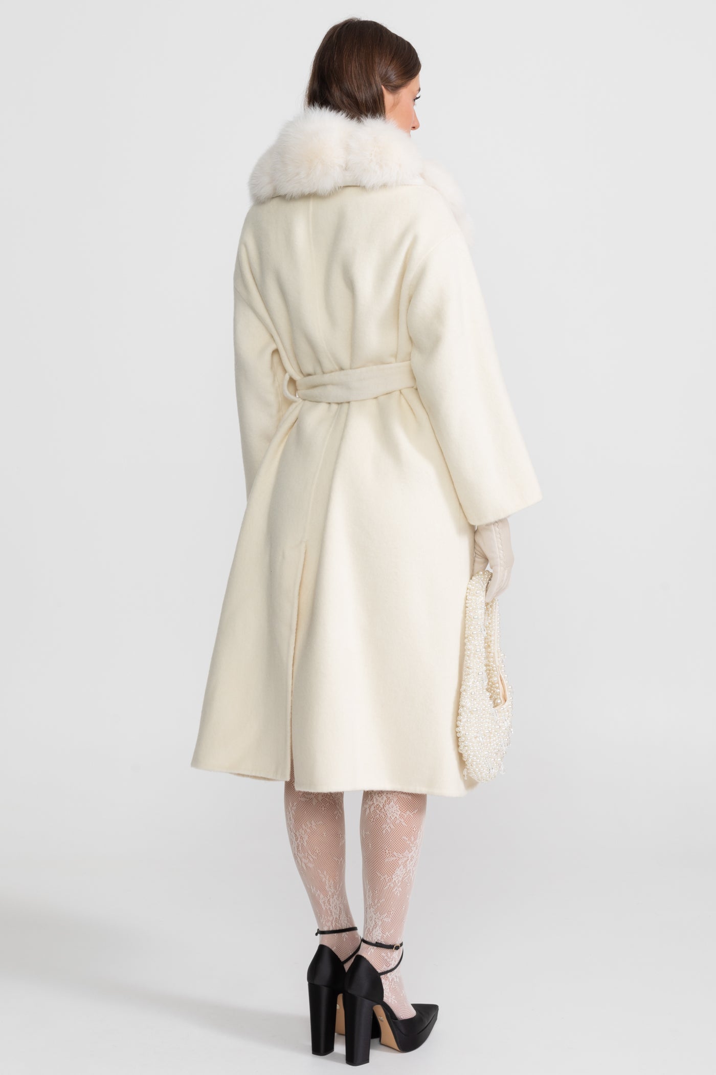 Women's Wool Wrap Coat | Fox Fur Collar | Tie Belt | Ivory Winter Coat | Steven & Levon