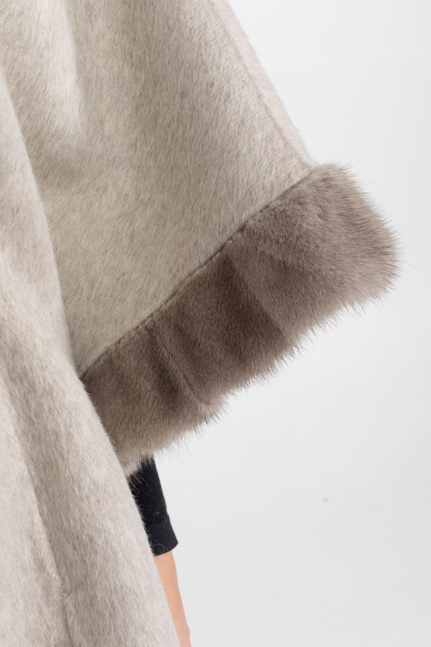Wool Blend Cape Coat | Women's Cape Coat | Fur Trim, Light Grey Elegant Winter Outerwear | Steven & Levon