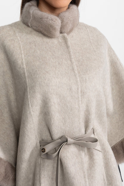 Wool Blend Cape Coat | Women's Cape Coat | Fur Trim, Light Grey Elegant Winter Outerwear | Steven & Levon