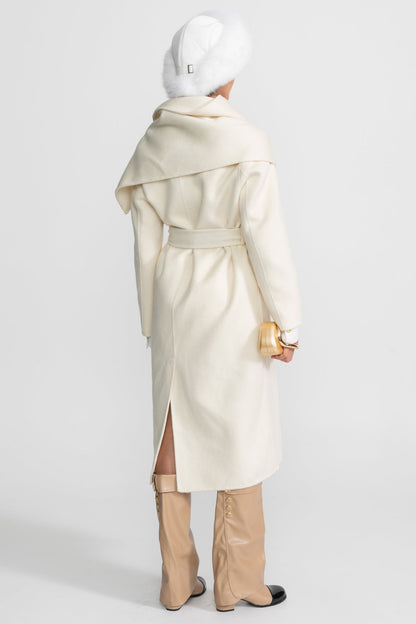 Women's Wool Blend Midi Coat | Oversized Scarf Collar, Double-Breasted, Longline Beige Winter Coat | Steven & Levon