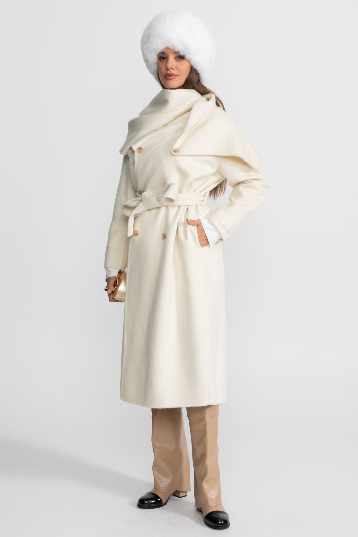 Women's Wool Blend Midi Coat | Oversized Scarf Collar, Double-Breasted, Longline Beige Winter Coat | Steven & Levon