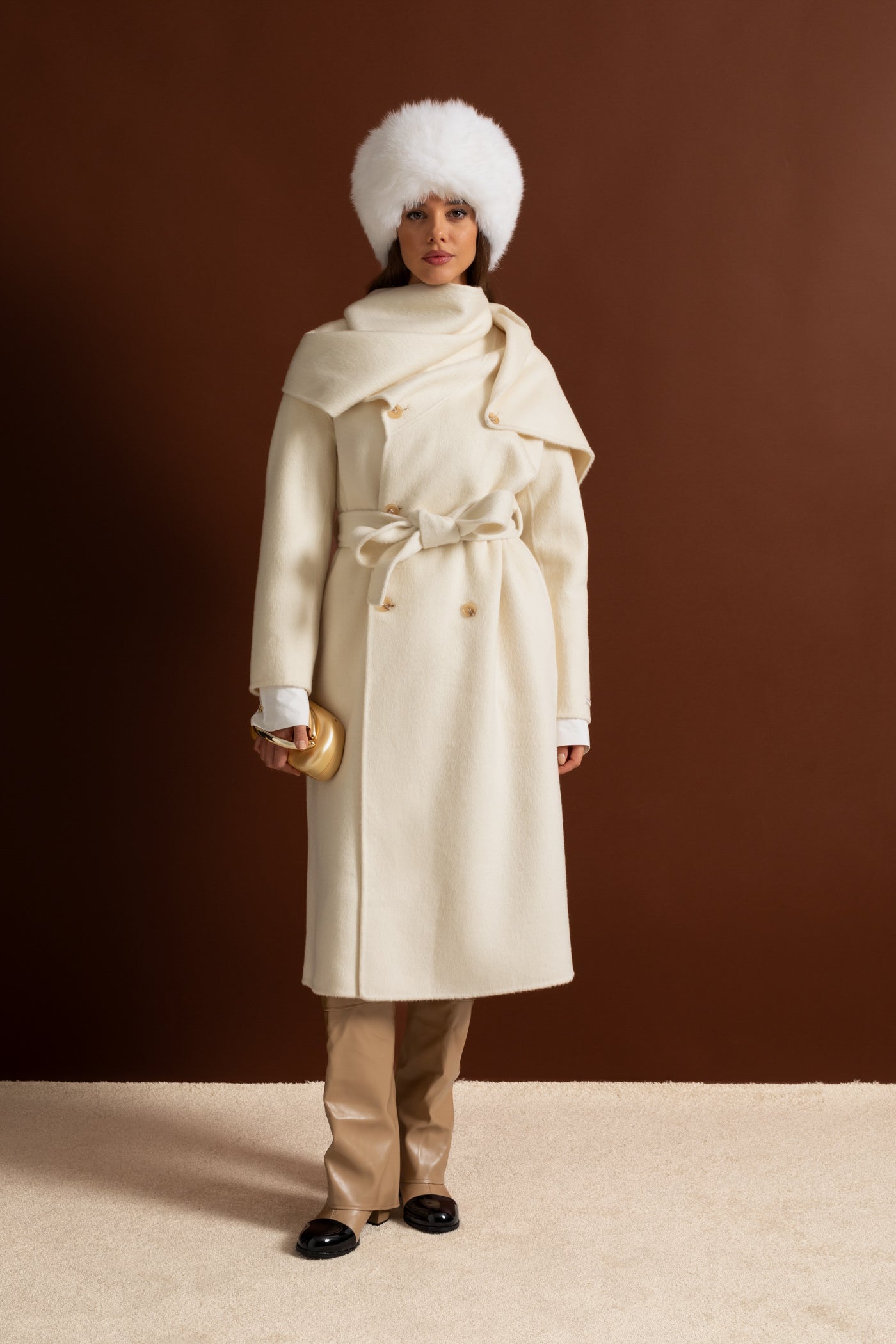 Women's Wool Blend Midi Coat | Oversized Scarf Collar, Double-Breasted, Longline Beige Winter Coat | Steven & Levon
