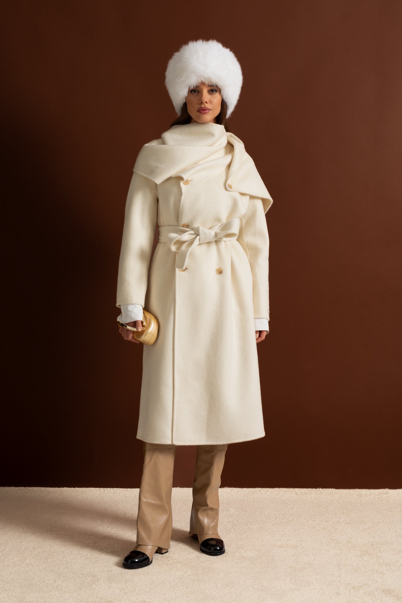 Women's Wool Blend Midi Coat | Oversized Scarf Collar, Double-Breasted, Longline Beige Winter Coat | Steven & Levon