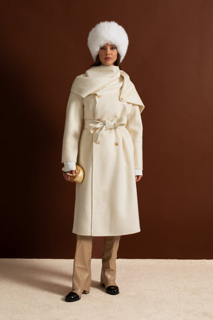 Women's Wool Blend Midi Coat | Oversized Scarf Collar, Double-Breasted, Longline Beige Winter Coat | Steven & Levon