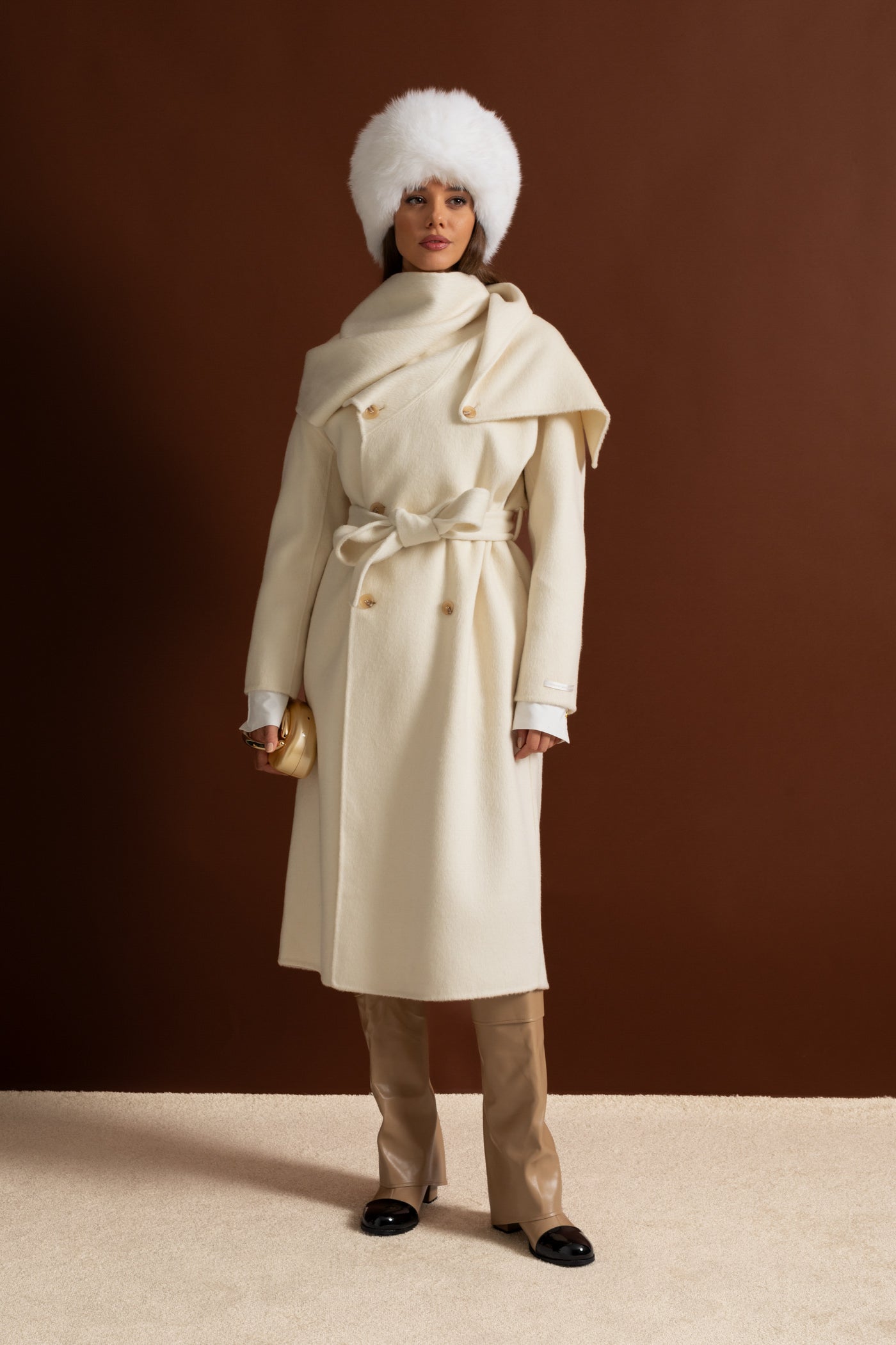 Women's Wool Blend Midi Coat | Oversized Scarf Collar, Double-Breasted, Longline Beige Winter Coat | Steven & Levon