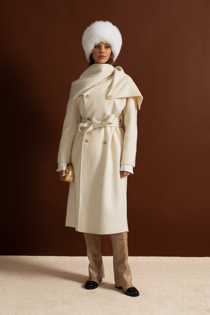 Women's Wool Blend Midi Coat | Oversized Scarf Collar, Double-Breasted, Longline Beige Winter Coat | Steven & Levon