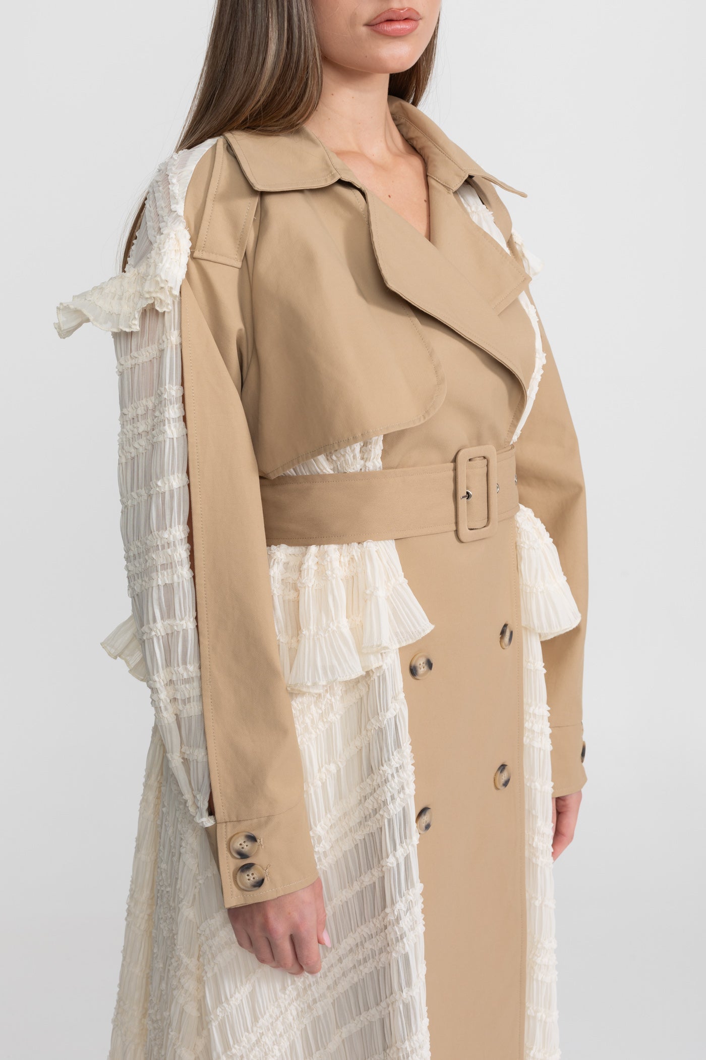 Women's Longline Lace Panel Trench Coat | Beige | Belted Waist | Elegant Overcoat | Steven & Levon