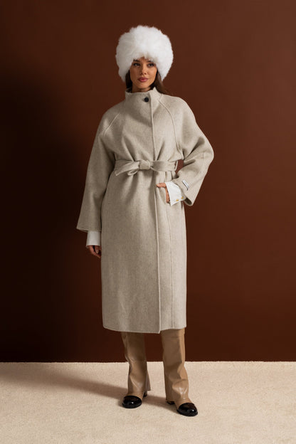 Midi Coat | Women | High Neck | Belted | Beige | Winter Overcoat | Steven & Levon