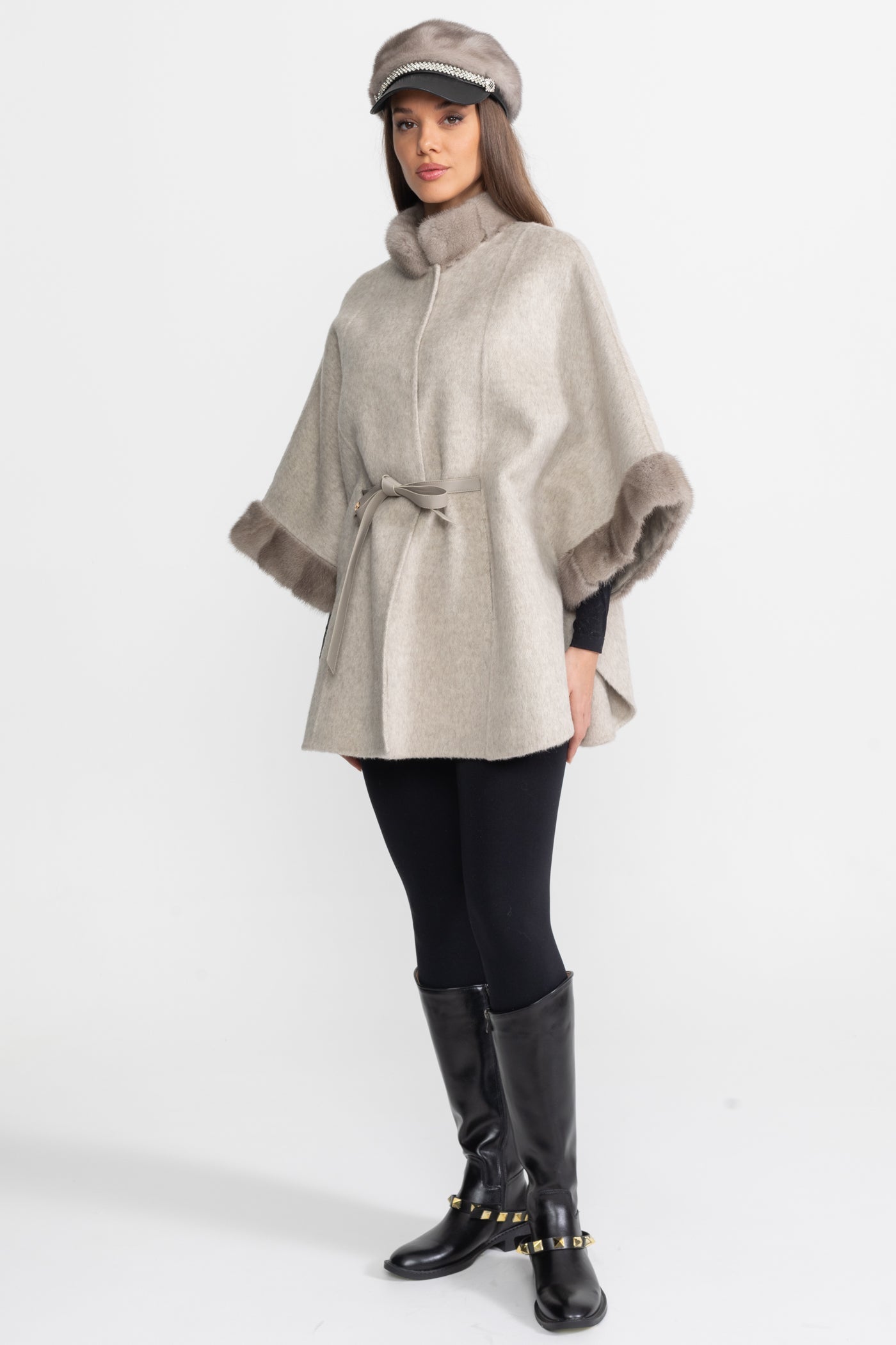 Wool Blend Cape Coat | Women's Cape Coat | Fur Trim, Light Grey Elegant Winter Outerwear | Steven & Levon