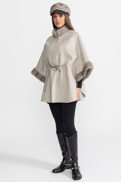 Wool Blend Cape Coat | Women's Cape Coat | Fur Trim, Light Grey Elegant Winter Outerwear | Steven & Levon