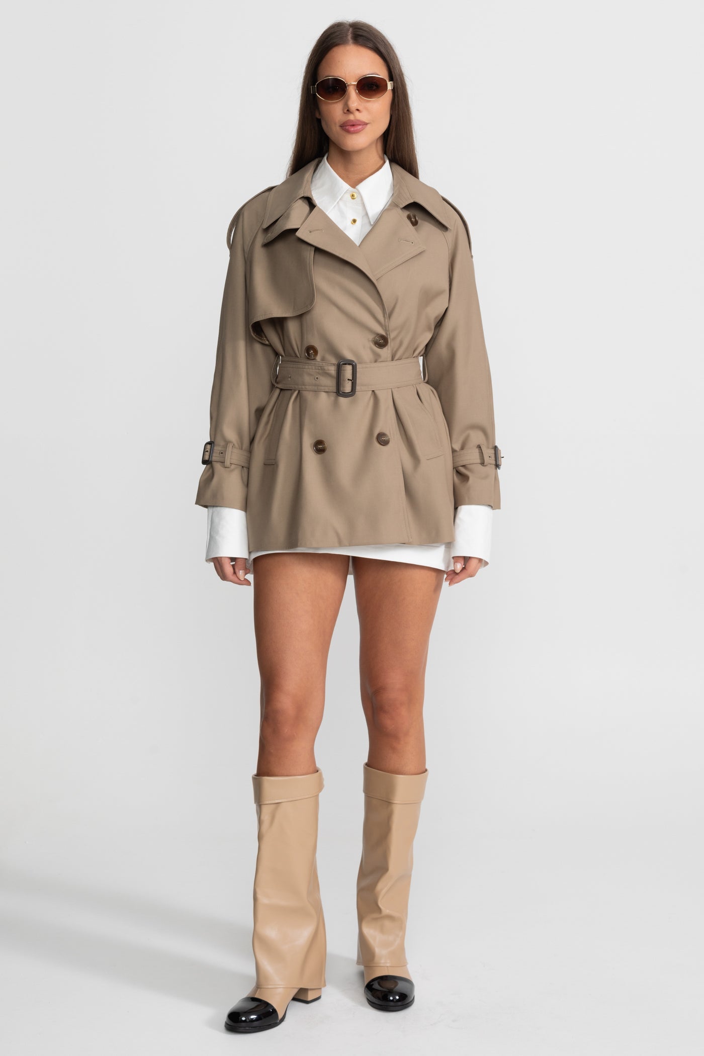 Women's Double Breasted Trench Coat | Khaki | Belted Waist | Classic Long Coat | Steven & Levon