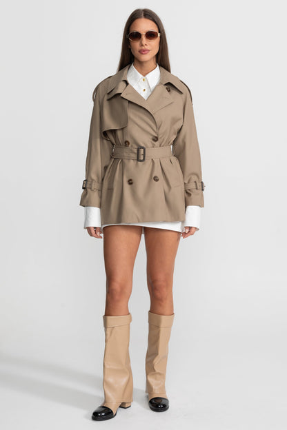 Women's Double Breasted Trench Coat | Khaki | Belted Waist | Classic Long Coat | Steven & Levon