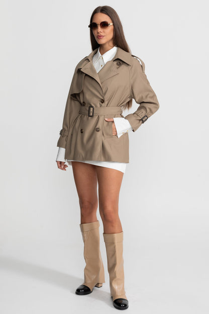 Women's Double Breasted Trench Coat | Khaki | Belted Waist | Classic Long Coat | Steven & Levon