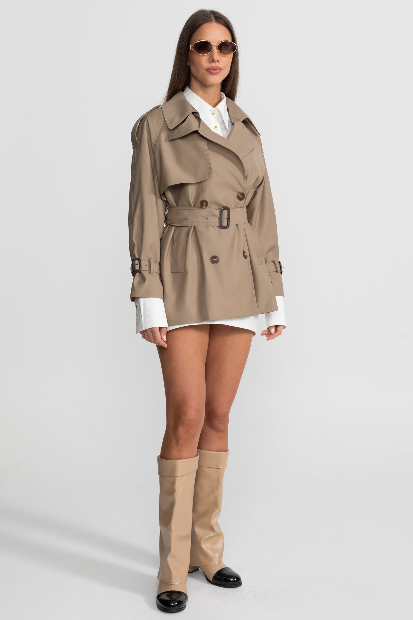 Women's Double Breasted Trench Coat | Khaki | Belted Waist | Classic Long Coat | Steven & Levon