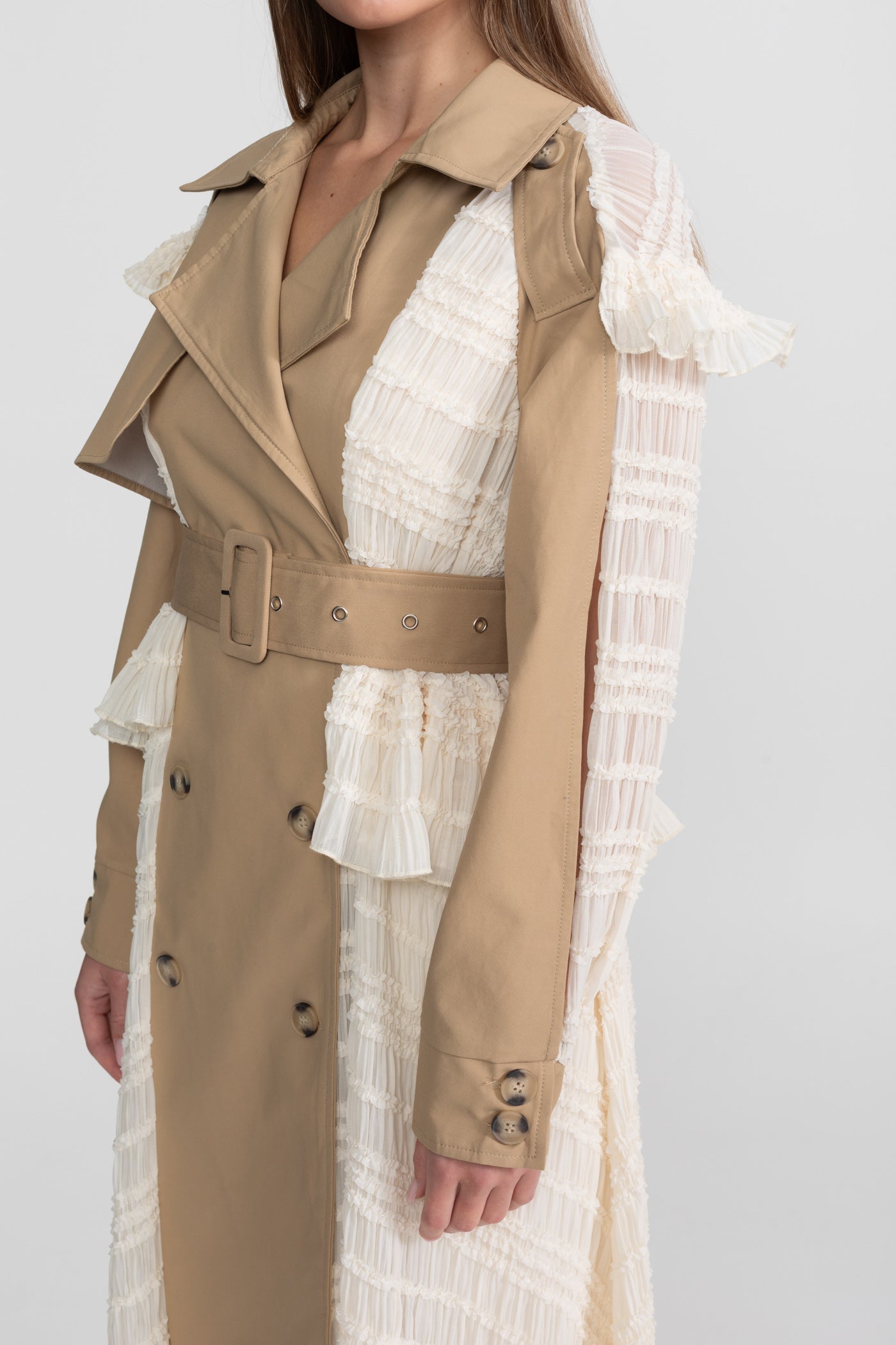 Women's Longline Lace Panel Trench Coat | Beige | Belted Waist | Elegant Overcoat | Steven & Levon