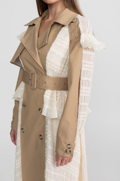 Women's Longline Lace Panel Trench Coat | Beige | Belted Waist | Elegant Overcoat | Steven & Levon