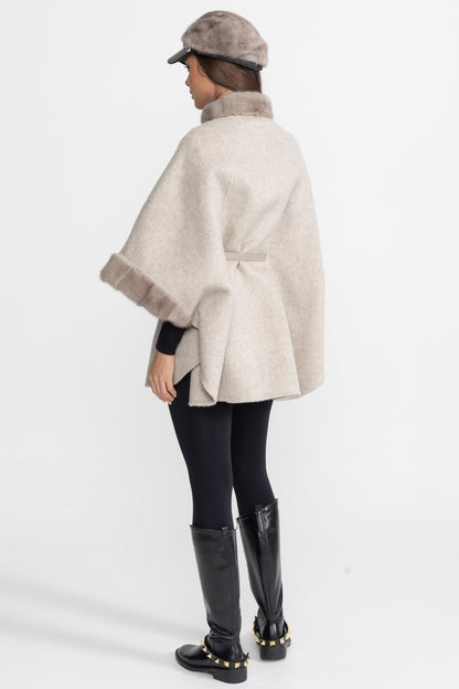 Wool Blend Cape Coat | Women's Cape Coat | Fur Trim, Light Grey Elegant Winter Outerwear | Steven & Levon