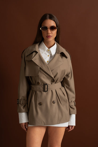 Women's Double Breasted Trench Coat | Khaki | Belted Waist | Classic Long Coat | Steven & Levon