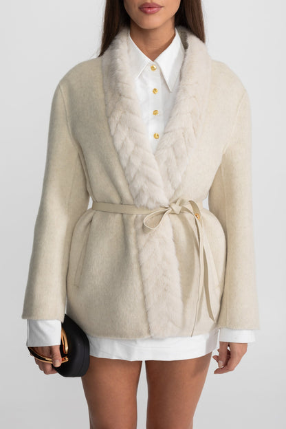 Women's Wool Jacket | Sable Fur Shawl Collar | Belted Waist, Tailored Luxury Outerwear | Steven & Levon