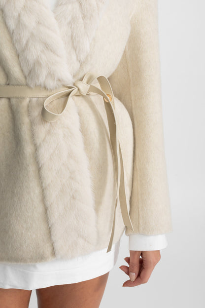 Women's Wool Jacket | Sable Fur Shawl Collar | Belted Waist, Tailored Luxury Outerwear | Steven & Levon