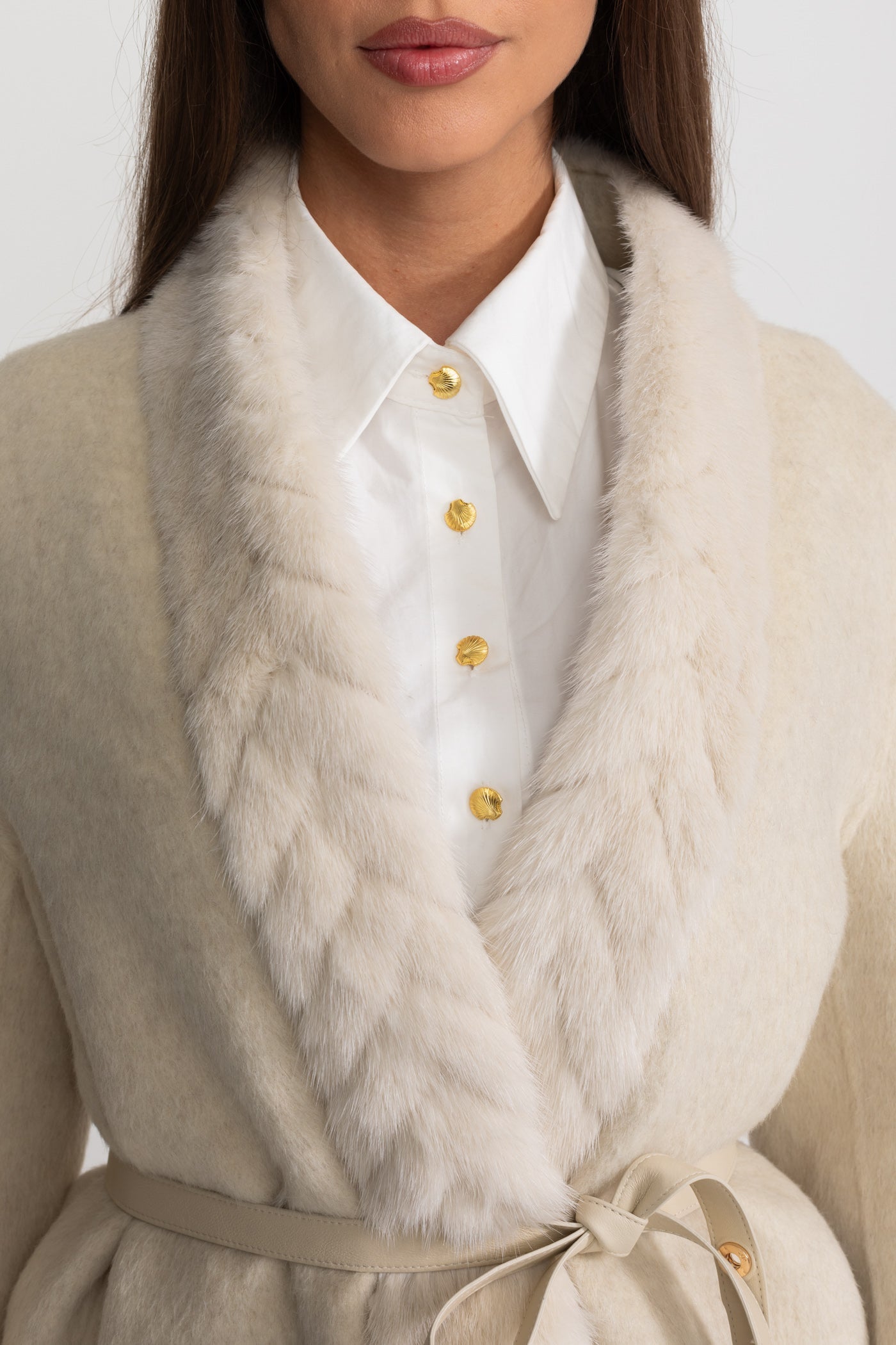 Women's Wool Jacket | Sable Fur Shawl Collar | Belted Waist, Tailored Luxury Outerwear | Steven & Levon