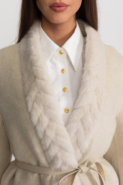 Women's Wool Jacket | Sable Fur Shawl Collar | Belted Waist, Tailored Luxury Outerwear | Steven & Levon