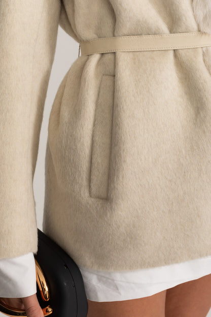 Women's Wool Jacket | Sable Fur Shawl Collar | Belted Waist, Tailored Luxury Outerwear | Steven & Levon