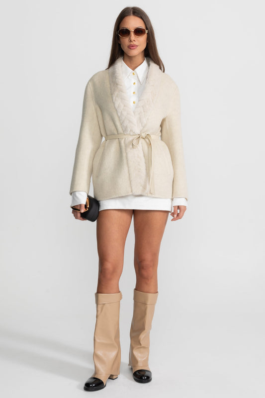 Women's Wool Jacket | Sable Fur Shawl Collar | Belted Waist, Tailored Luxury Outerwear | Steven & Levon