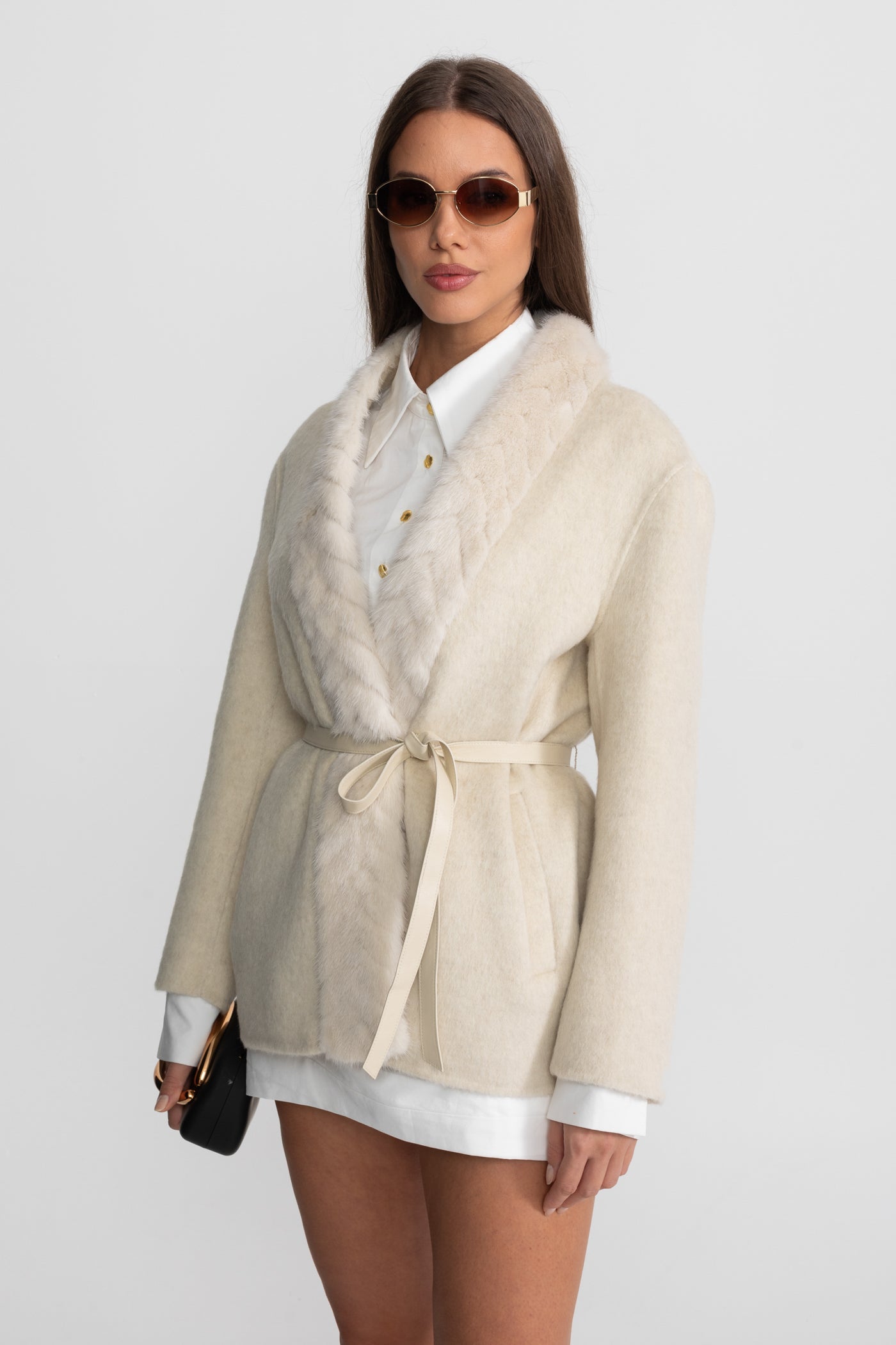Women's Wool Jacket | Sable Fur Shawl Collar | Belted Waist, Tailored Luxury Outerwear | Steven & Levon
