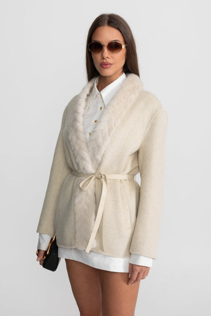 Women's Wool Jacket | Sable Fur Shawl Collar | Belted Waist, Tailored Luxury Outerwear | Steven & Levon